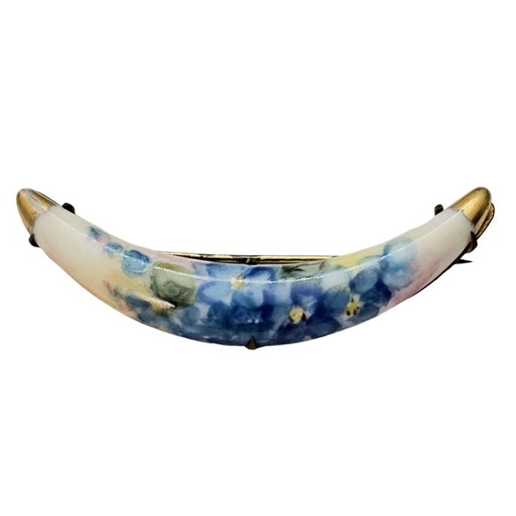 Victorian Blue Crescent Brooch, C Clasp Porcelain Pin L561 - Picture 2 of 9